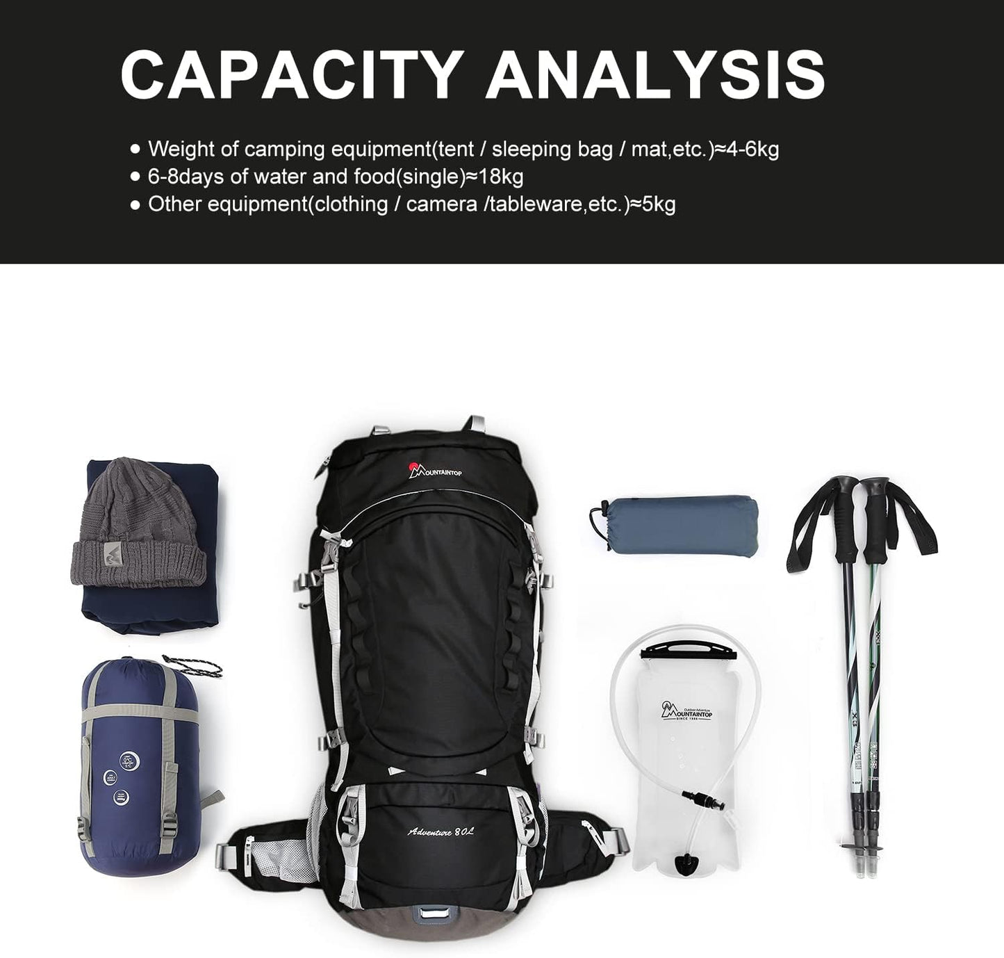 Hiking Backpack 80L Waterproof Mountaineering Backpack Large Camping Trekking Rucksack Multifunctional Climbing with Rain Cover