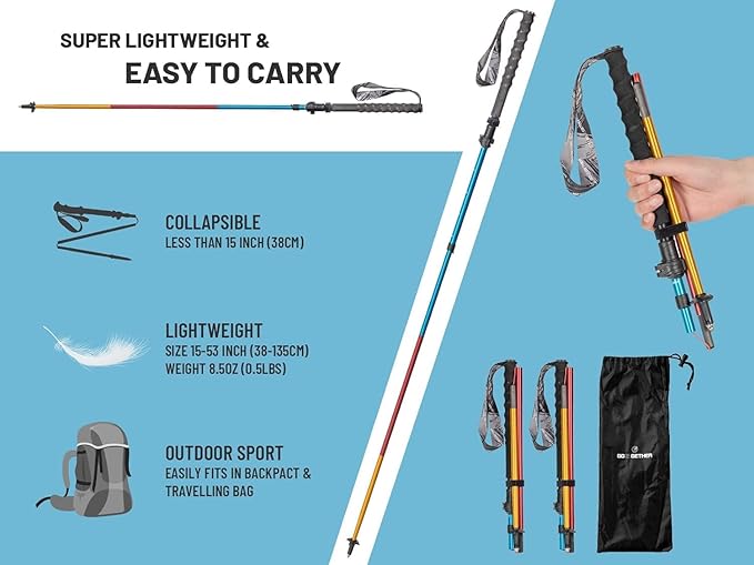 Trekking Poles adjust, Lightweight, AONIJIE Alloy & Carbon Hiking Poles, Adjustable 110 to 130cm Ultralight For Trial Running,Outdoor,Mountaineering Sticks,Colourful
