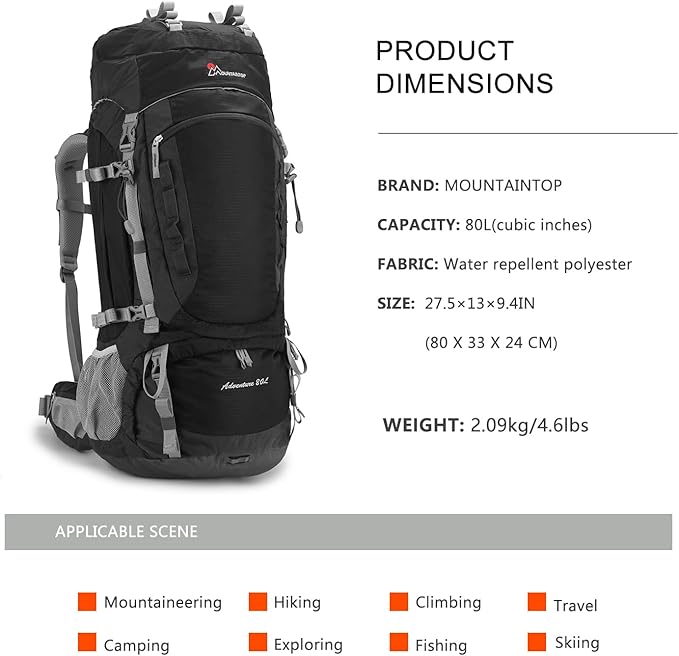 Hiking Backpack 80L Waterproof Mountaineering Backpack Large Camping Trekking Rucksack Multifunctional Climbing with Rain Cover