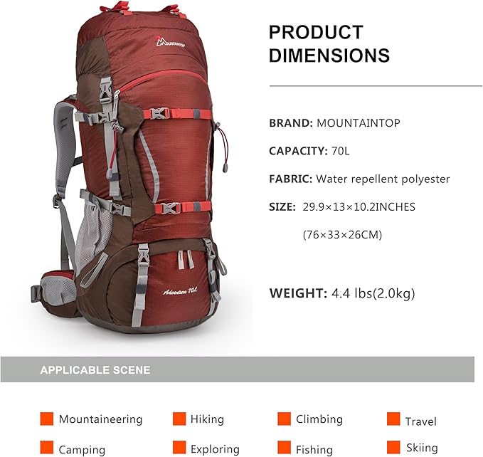 70L Hiking Backpack water-resistant Internal Frame Backpacks Large Trekking Mountaineering Rucksack with Rain Cover for Men Women Cover Outdoor