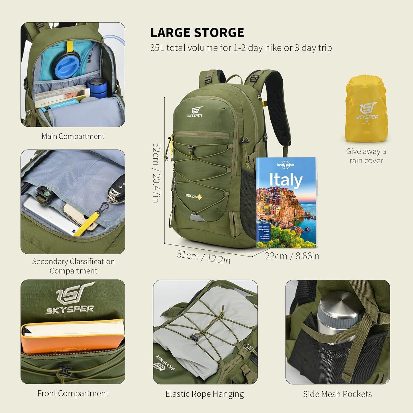 Hiking Backpack for Men Women, 35L Travel Backpack Waterproof Camping Backpack Outdoor Lightweight Daypack