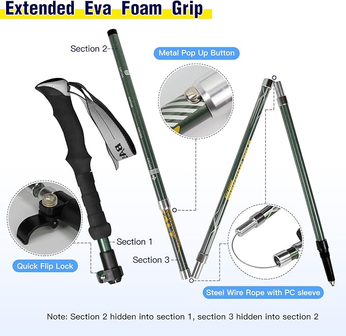 Hiking Poles Nordic Walking Poles Women and Men, Foldable Hiking Poles Telescopic 110-135 cm, Ultralight Trekking Poles Made of Aluminium, Clamp Closure with 4 Pairs of Rubber Buffers