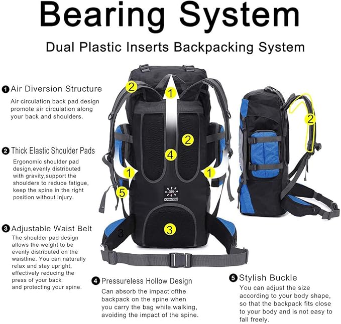 75L Large Hiking Backpack Outdoor Sports Water-Resistant Travel Daypack Mountaineering Climbing Trekking Camping Rucksack