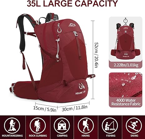 Hiking Backpack,35L Waterproof Hiking Daypack with 3L Water Bladder and Rain Cover, Lightweight Travel Camping Backpack for Men Women