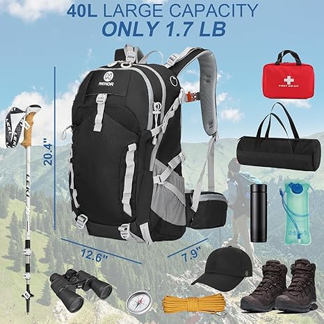 Hiking Backpack, 40L Lightweight Camping Backpack with Rain Cover, Water Resistant Large Hiking Bag Outdoor Travel Daypack for Men Women