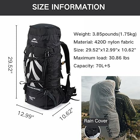 70+5L Lightweight Hiking Backpack, Ripstop Fabric - Lightweight CR Carrying System - Comfort Weight Bearing, Brown, Ultralight Hiking Backpack