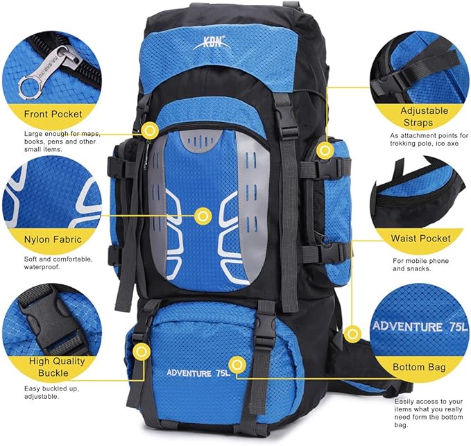 75L Large Hiking Backpack Outdoor Sports Water-Resistant Travel Daypack Mountaineering Climbing Trekking Camping Rucksack