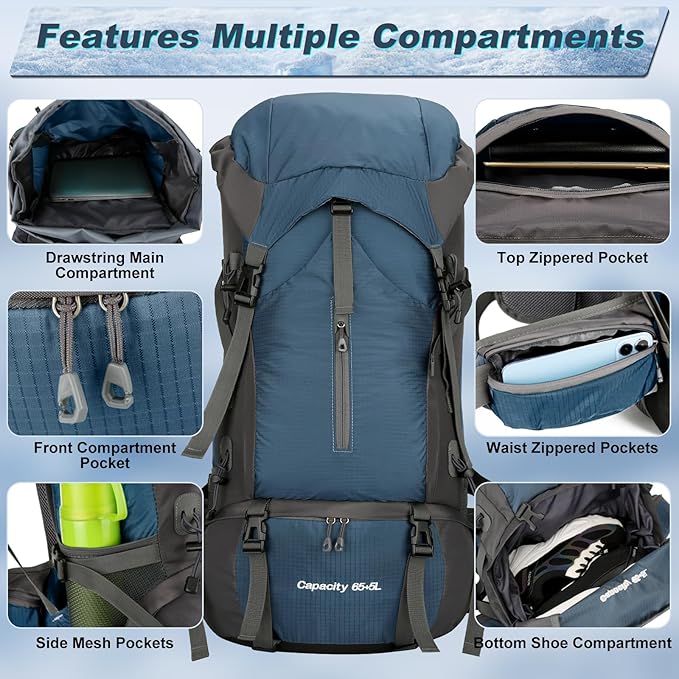 Durable 70L Waterproof Hiking Camping Backpack with Rain Cover, Lightweight Outdoor Sport Travel Daypack 70L Rucksack for Climbing Touring Ultralight High-Capacity for Men and Women