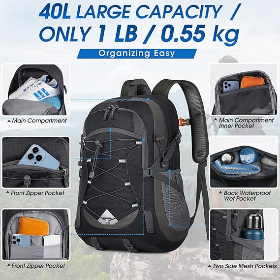 Hiking Backpack 40L Lightweight Foldable Backpack for Men Women Durable Water Resistant Daypack Rucksack for Camping Cycling Climbing Walking Mountaineer Outdoor Sports