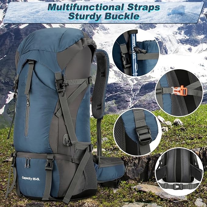 Durable 70L Waterproof Hiking Camping Backpack with Rain Cover, Lightweight Outdoor Sport Travel Daypack 70L Rucksack for Climbing Touring Ultralight High-Capacity for Men and Women