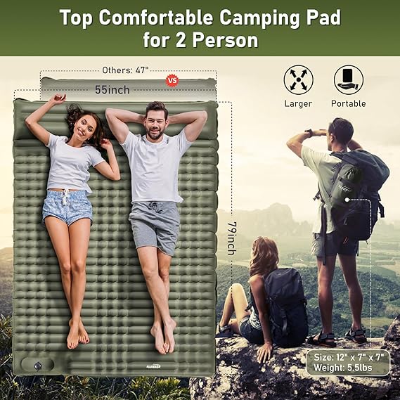 Elegear Double Sleeping Pad for Camping, 4" Ultra-Thick Self Inflating Camping Pad 2 Person with Pillow Built-in Foot Pump Camping Sleeping Mat for Backpacking, Hiking, Portable Camping Pad