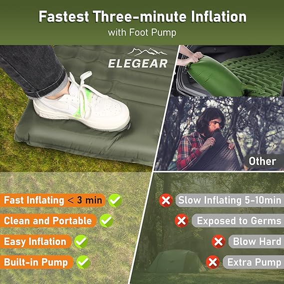 Elegear Double Sleeping Pad for Camping, 4" Ultra-Thick Self Inflating Camping Pad 2 Person with Pillow Built-in Foot Pump Camping Sleeping Mat for Backpacking, Hiking, Portable Camping Pad