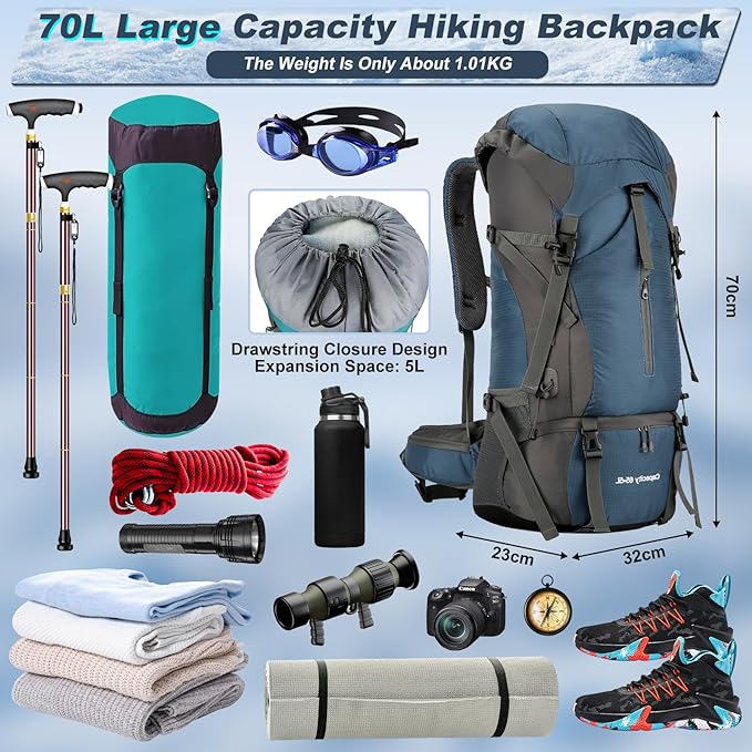 Durable 70L Waterproof Hiking Camping Backpack with Rain Cover, Lightweight Outdoor Sport Travel Daypack 70L Rucksack for Climbing Touring Ultralight High-Capacity for Men and Women