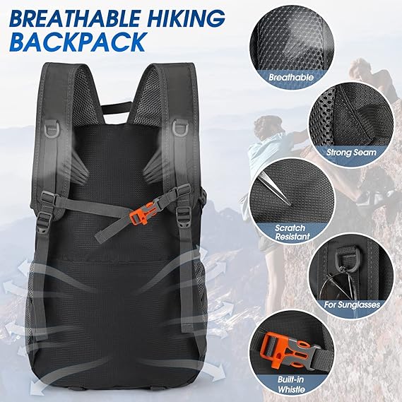Hiking Backpack 40L Lightweight Foldable Backpack for Men Women Durable Water Resistant Daypack Rucksack for Camping Cycling Climbing Walking Mountaineer Outdoor Sports