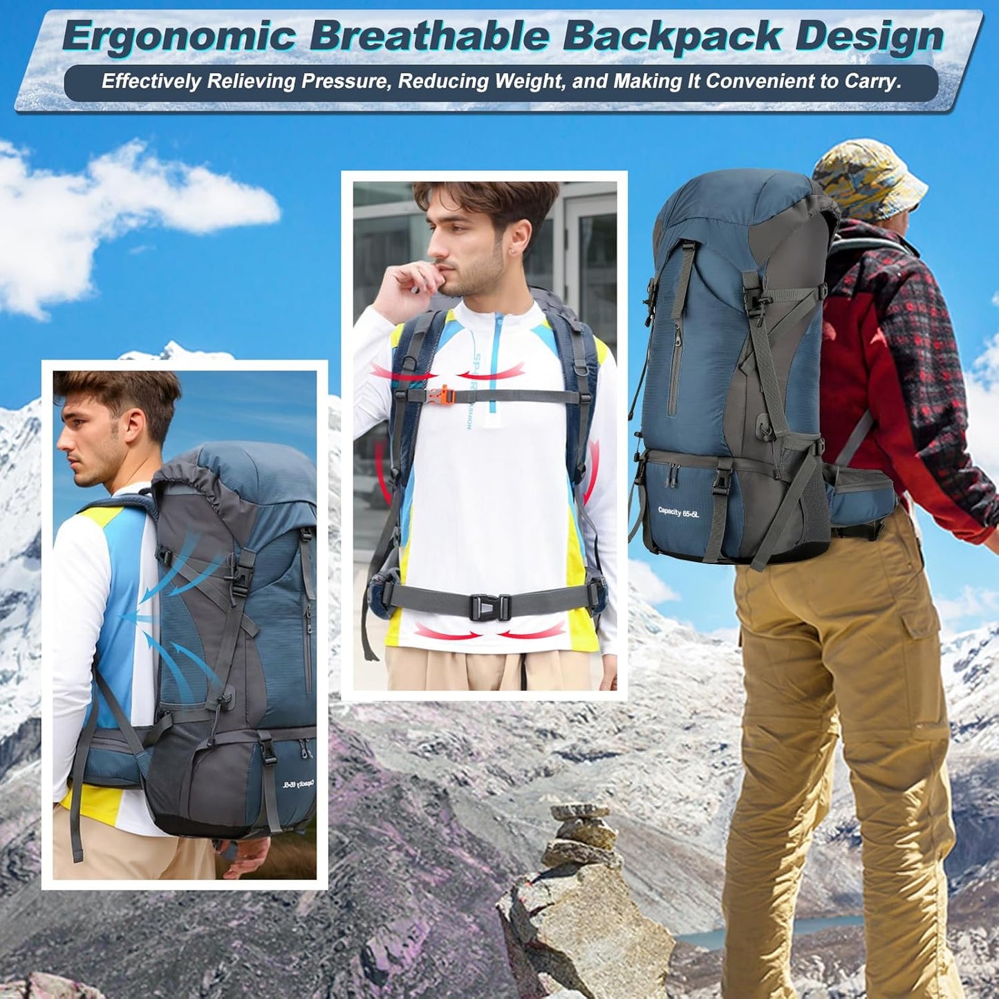 Durable 70L Waterproof Hiking Camping Backpack with Rain Cover, Lightweight Outdoor Sport Travel Daypack 70L Rucksack for Climbing Touring Ultralight High-Capacity for Men and Women
