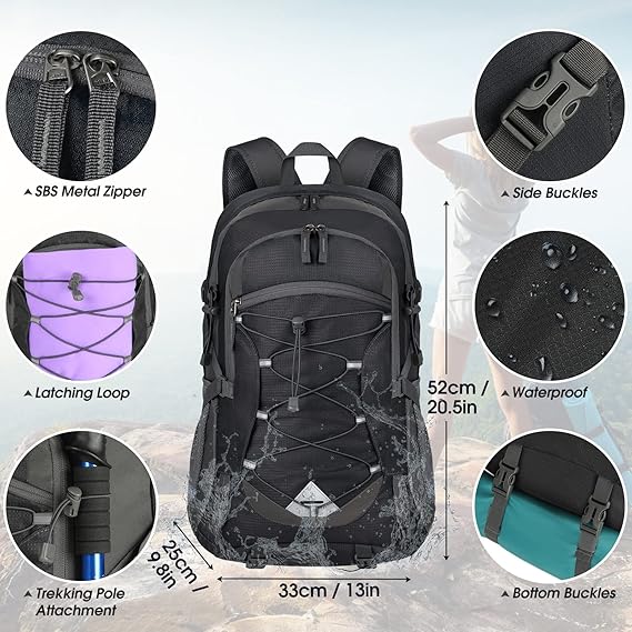 Hiking Backpack 40L Lightweight Foldable Backpack for Men Women Durable Water Resistant Daypack Rucksack for Camping Cycling Climbing Walking Mountaineer Outdoor Sports