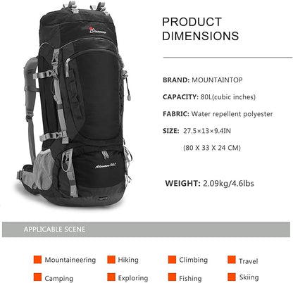 Hiking Backpack 80L Waterproof Mountaineering Backpack Large Camping Trekking Rucksack Multifunctional Climbing with Rain Cover