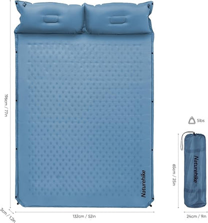 Naturehike Self-Inflating Double Sleeping Pad, Camping Mattress 2 Person, Ultralight Memory Foam Pad with Pillow, Fast Inflating, Patchwork Sleeping Pad for Camping, Hiking, RV Camping, Full, Blue