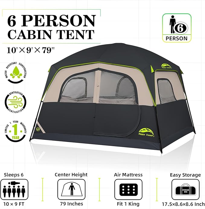 6 Person Camping Tent, Waterproof Easy Installation Camping Tent with Rainproof, Portable Large Family Cabin Tent with 5 Large Mesh Windows and Carrying Bag for Outdoor Camping and Hiking