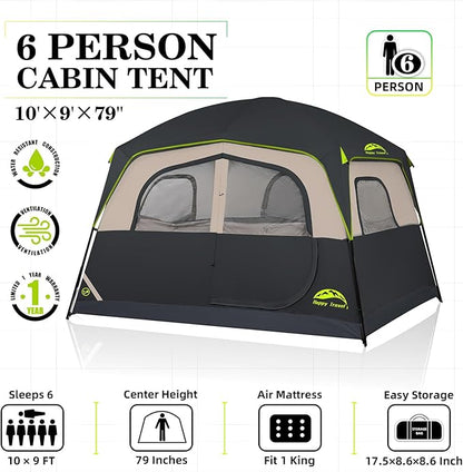6 Person Camping Tent, Waterproof Easy Installation Camping Tent with Rainproof, Portable Large Family Cabin Tent with 5 Large Mesh Windows and Carrying Bag for Outdoor Camping and Hiking