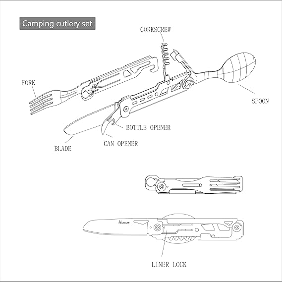 Camping Utensils Detachable Set 6-in-1 Flatware Cutlery Knife Fork Spoon Bottle/Can Opener Wine Corkscrew with Carry Bag, Backpacking Portable Flatware Set for Outdoor Camping Hiking Travel