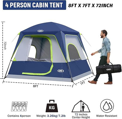 UNP 4-Person Tent, Portable Cabin Tent, Camping Tent 4-Person Easy Set Up, Waterproof with Top Rainfly for Outdoor Camping/Hiking