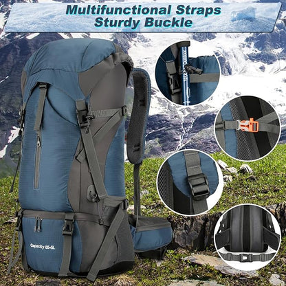Durable 70L Waterproof Hiking Camping Backpack with Rain Cover, Lightweight Outdoor Sport Travel Daypack 70L Rucksack for Climbing Touring Ultralight High-Capacity for Men and Women