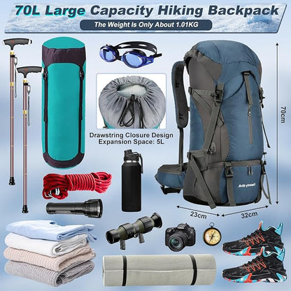 Durable 70L Waterproof Hiking Camping Backpack with Rain Cover, Lightweight Outdoor Sport Travel Daypack 70L Rucksack for Climbing Touring Ultralight High-Capacity for Men and Women