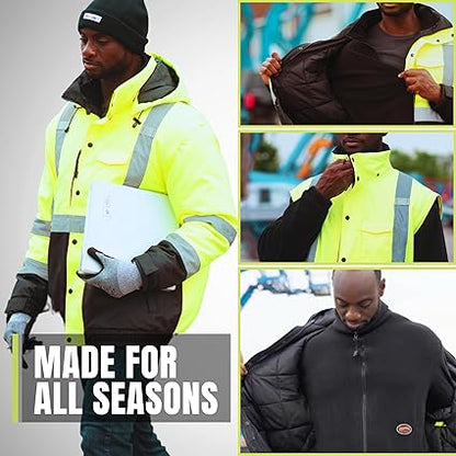 Pioneer Hi Vis 5-in-1 Waterproof Safety Jacket for Men - Convertible to Vest & Black Fleece - Rated to -8°F - ANSI Class 3