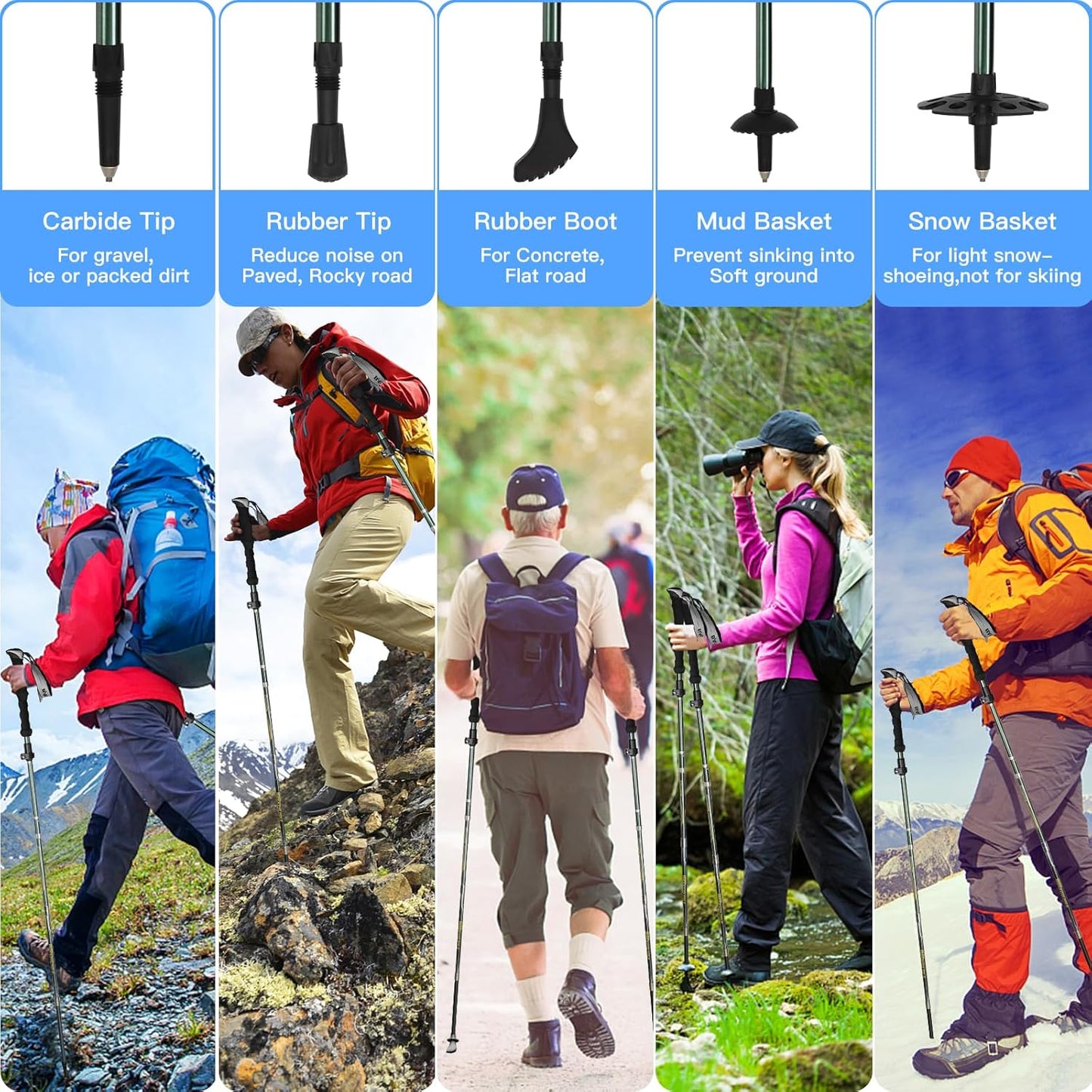 Hiking Poles Nordic Walking Poles Women and Men, Foldable Hiking Poles Telescopic 110-135 cm, Ultralight Trekking Poles Made of Aluminium, Clamp Closure with 4 Pairs of Rubber Buffers